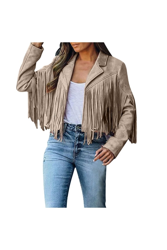 Faux Suede Jacket Women Plus Size Long Sleeve Lapel Jackets Fringe Tassels Cowboy Coats Moto Casual 2025 Cropped Jackets Khaki,XL