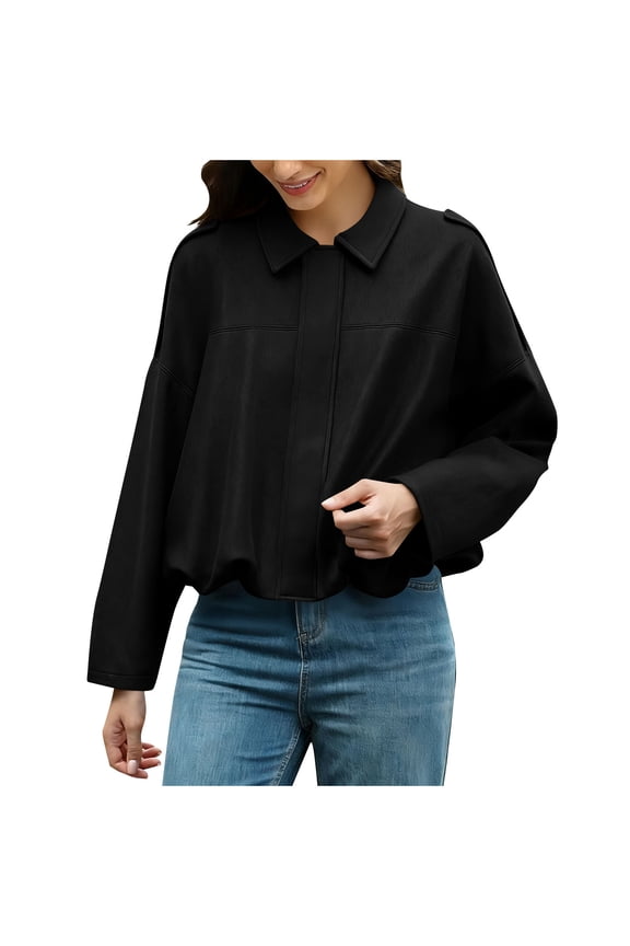 Faux Suede Oversized Bomber Jacket Women Spring Lapel Pilot Cropped Coat Casual Long Sleeves Zipper Streetwear Outerwear Black,L