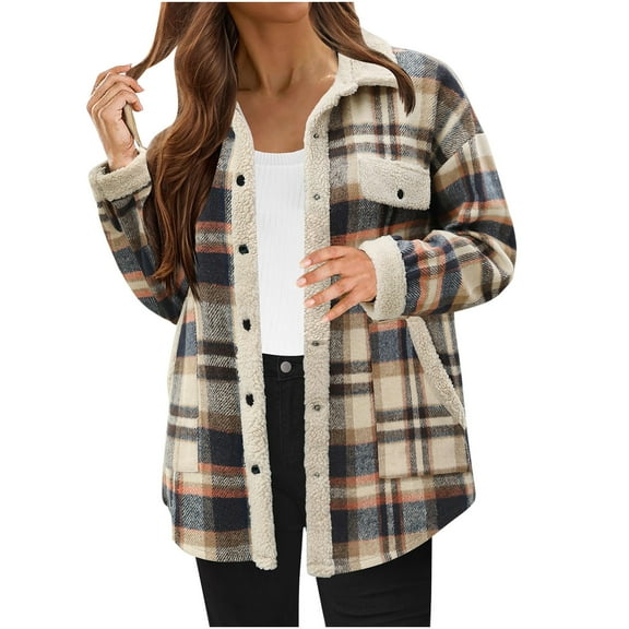 Lcziwo Fleece Plaid Jacket Women Flannel Warm Shacket Jackets Button Down Open Front Coats Hoodies Winter Casual Outerwear with Pockets Yellow,XL
