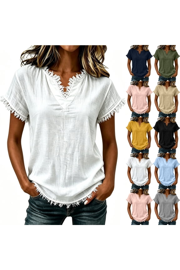 Fringe Tops for Women Short Sleeve V Neck Solid Boho Shirts Distressed Going Out Casual Summer Blouses Yellow,L