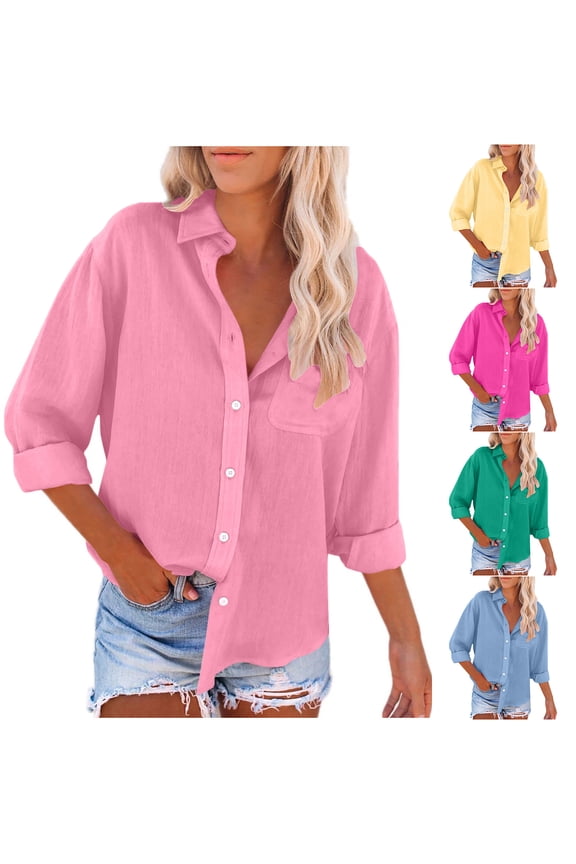 Women's Cotton Linen Gauze Shirts Button Down Collared Tops Roll Up Long Sleeve Dress Blouse with Pocket Hot Pink,M