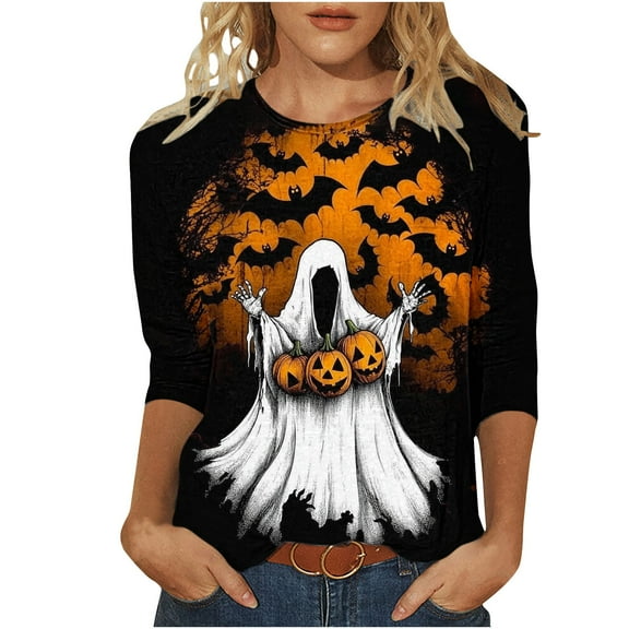 Lcziwo Ghost Spooky Tops for Women Halloween Day Spooky Season Shirts 3/4 Sleeve Crew Neck Soft Tops Cute Basic Casual Fall Blouses Multicolor,XXXXXL