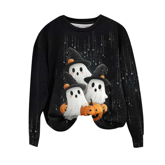 Lcziwo Ghost Sweatshirt Women Crew Neck Spooky Graphic Cute Sweater Happy Halloween Spooky Season Tops Long Sleeve Casual Fashion 2025 Pullover Black,XL