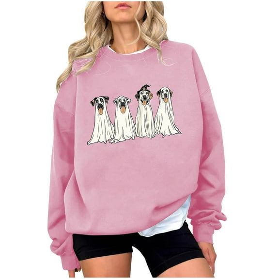 Lcziwo Ghost Sweatshirt Women Crew Neck Spooky Graphic Cute Sweater Happy Halloween Spooky Season Tops Long Sleeve Casual Fashion 2025 Pullover Pink,L