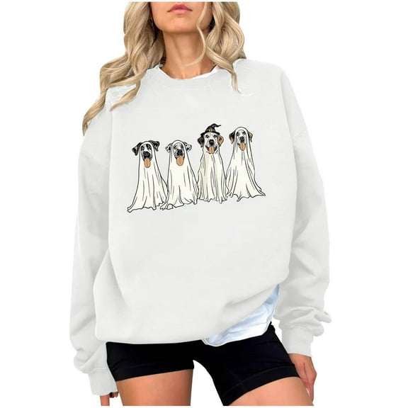 Lcziwo Ghost Sweatshirt Women Crew Neck Spooky Graphic Cute Sweater Happy Halloween Spooky Season Tops Long Sleeve Casual Fashion 2025 Pullover White,XXL