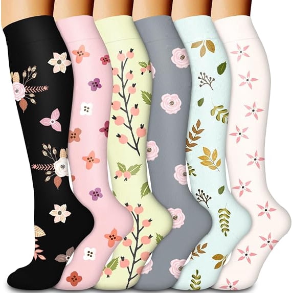Lcziwo Gradual Compression Socks for Women Men Floral Print Circulation Supports Socks for Running Athletic 6 Pairs L