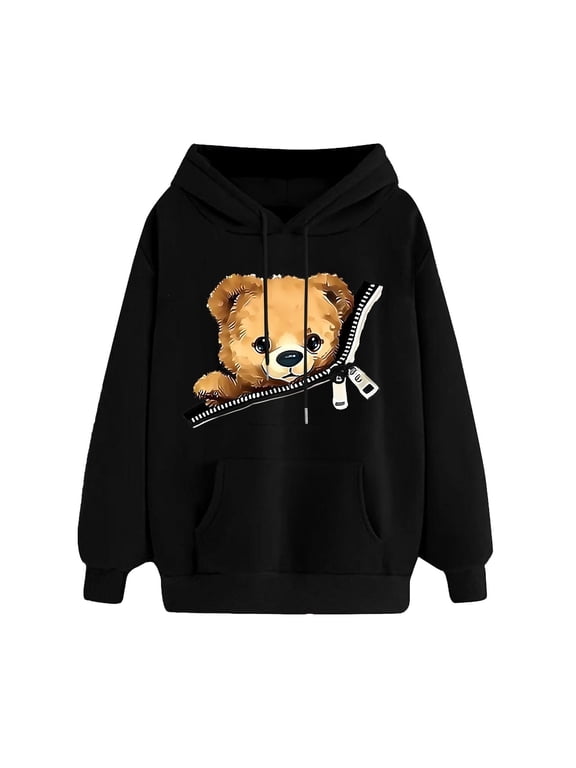 Graphic Hoodies for Women Long Sleeve Drawstring Comfy Sweatshirts Teddy Bear Print Pullover Winter Tops with Pockets Black,L