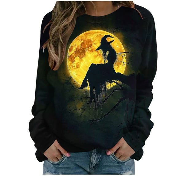 Lcziwo Graphic Sweatshirt for Women Funny Witches Print Crew Neck Pullover Vintage Scary Long Sleeve Loose Tops Hocus Pocus Casual Party Sweatshirt Black,S