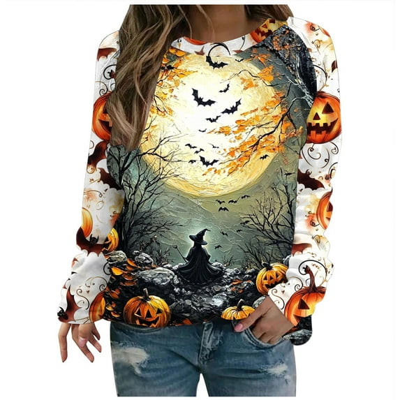Lcziwo Halloween Pullover for Women Bat Graphic Print Crew Neck Pullover Vintage Scary Raglan Long Sleeve Loose Tops Hocus Pocus Casual Party Sweatshirt Multicolor,XXL