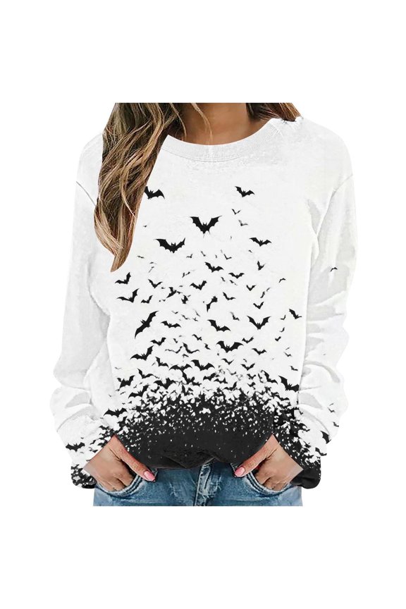Halloween Pullover for Women Casual Fall Fashion 2025 Outfits Bat Graphic Hocus Pocus Loose Sweatshirt Long Sleeve Crew Neck Oversized Tops White,L
