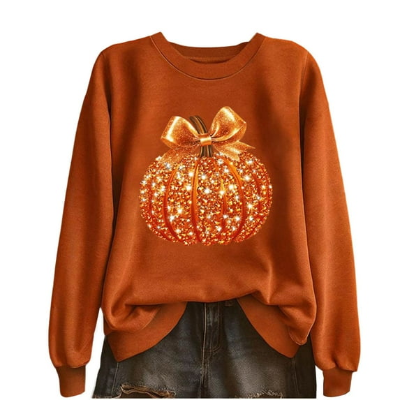 Lcziwo Halloween Sequin Sweatshirts for Women Funny Pumpkin Print Pullover Long Sleeve Crew Neck Tops Thanksgiving Fall Winter Fashion Outfits Orange,XXL