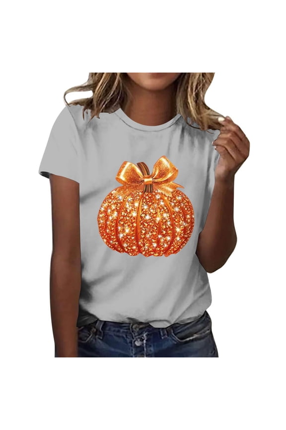 Halloween Sequin Tops for Women Funny Pumpkin Print Shirt Short Sleeve Crew Neck Blouses Thanksgiving 2025 Fall Fashion Outfits Gray,XXL