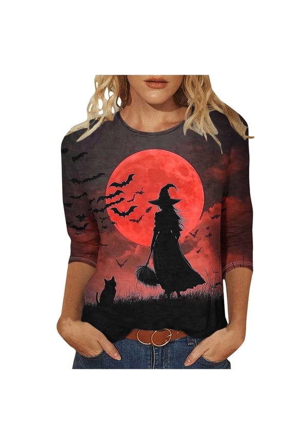 Halloween Shirts for Women Witches Print Basic Novelty Tops 3/4 Length Sleeve Round Neck Soft Tees Casual Trendy Fall 2025 Blouses Multicolor,S