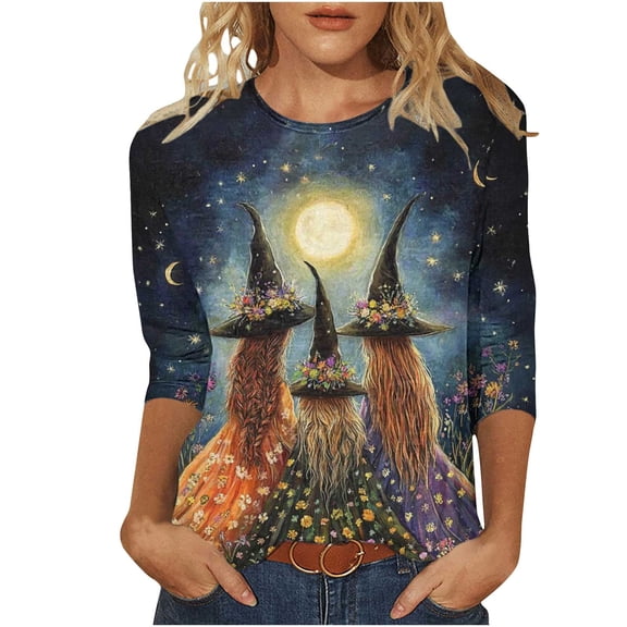 Lcziwo Halloween Shirts for Women Witches Print Basic Novelty Tops 3/4 Length Sleeve Round Neck Soft Tees Casual Trendy Fall 2025 Blouses Multicolor,S