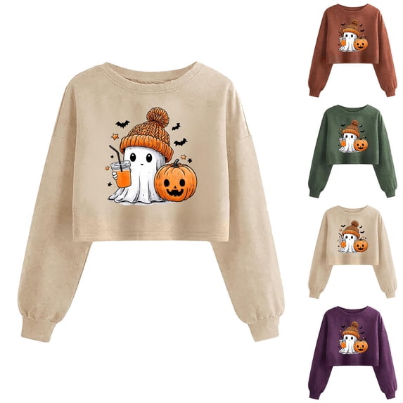 Lcziwo Halloween Sweatshirt for Women Crop Cute Ghost Long Sleeve Crew Neck Tops Spooky Season Party Fall Fashion Pullover Coffee,XL