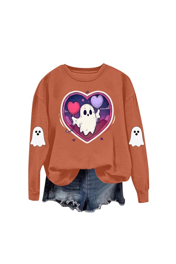 Halloween Sweatshirts for Women Funny Ghost Graphic Print Sweater Long Sleeve Crew Neck Loose Pullover Spooky Season Casual Fashion Tops Orange,XL