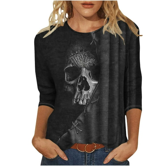 Lcziwo Halloween Top for Women Three Quarter Sleeve Round Neck Blouse Graphic Print Casual Loose Shirts Basic Novelty Party Fall Tees Multicolor,L