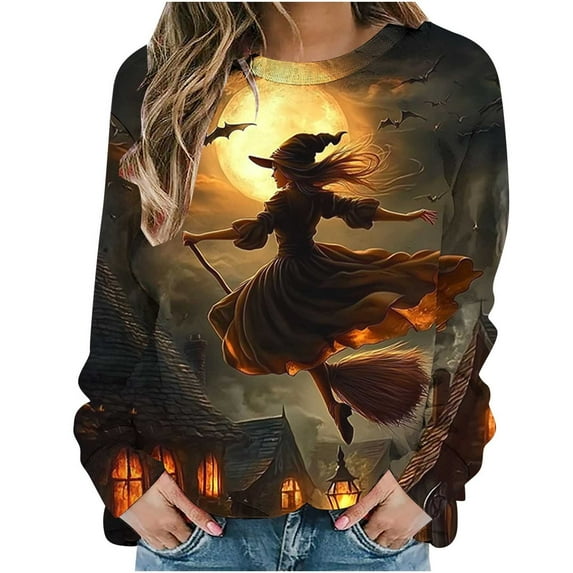 Lcziwo Halloween Witch Tshirts Women Long Sleeve Round Neck Loose Sweatshirts Printed Horror Movie Basic Pullover Casual Fall Winter 2025 Tops Multicolor,XXL