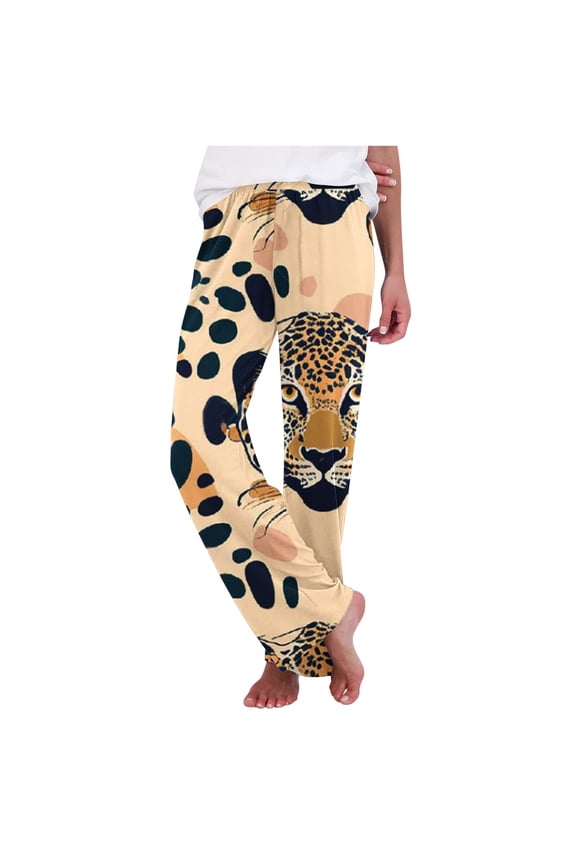 High Waist Pj Bottoms for Women Leopard Print Stretchy Loungewear Wide Leg Soft Comfy Sleep Pants Multicolor,M