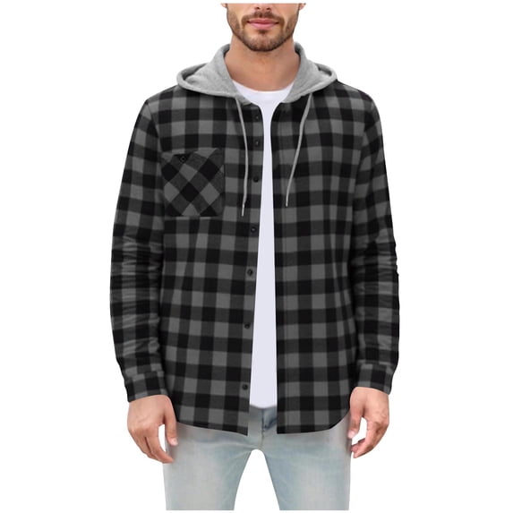 Lcziwo Hooded Plaid Jacket Men Casual Fashion Fall 2025 Shirts Long Sleeve Button Up Tops Drawstring Pocket Lightweight Flannel Outerwear Dark Gray,XXL