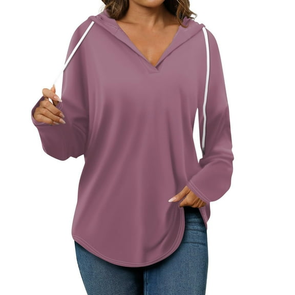 Lcziwo Hoodies for Women Long Sleeve Plain Drawstring V Neck Pullovers Casual Loose Lightweight Athletic Hoodies Pink,XXL