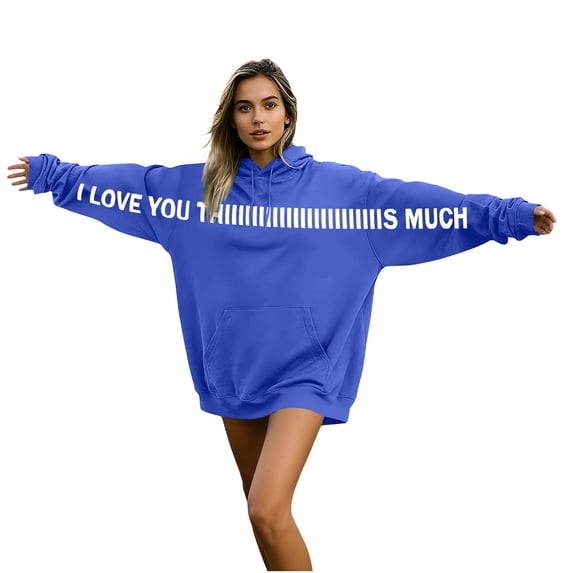 Lcziwo I Love You This Much Hooded Sweatshirt Valentines Day Couples Hoodies Long Sleeve Pockets Casual Loose Pullover Blue,M