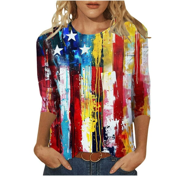 Lcziwo Independence Day Shirts for Women Stars and Stripes Print Tunic Tees 3/4 Sleeve Round Neck Blouses Casual Trendy Summer 2025 Tops Red,M