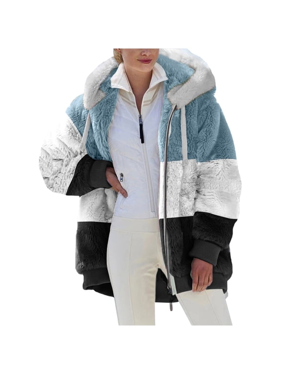 Jackets for Women Fleece Zipper Hoodies Open Front Coats Warm Thermal Outerwear Color Block Patchwork Jackets with Pockets 2025 Black,XL