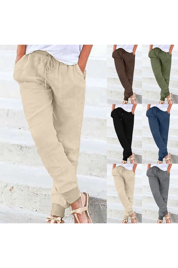 Jogger Linen Pants Women Cotton Elastic Waist Drawstring Pockets Solid Trousers Casual Summer Loose Comfy Tapered Pants Navy,M