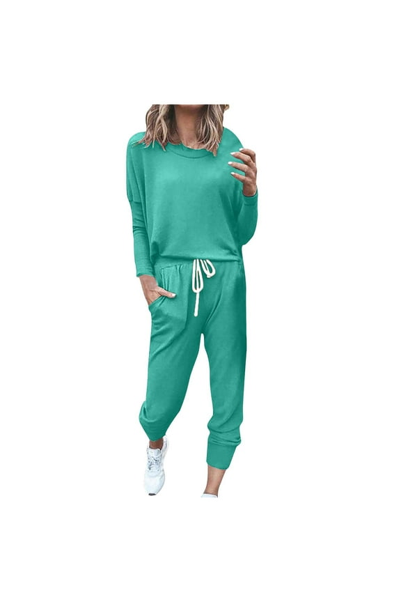 Jogging Outfits for Women Two Piece Fall Spring Lounge Tracksuits Long Sleeve Jogging and Drawstring Pants Sweatsuits 2025 Green,S