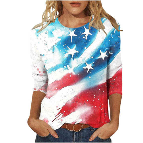 Lcziwo July 4th Blouse for Women 3/4 Sleeve Crew Neck Blouses Red Blue and White Patriotic Print Shirts Casual Dressy Summer 2025 Tunic Tees Multicolor,L