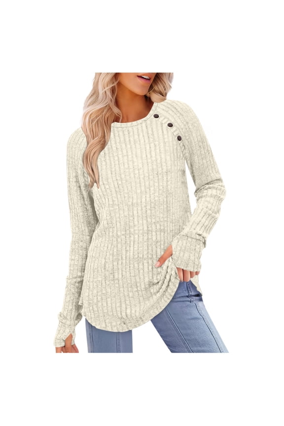 Knit Blouses for Women Raglan Sleeve Crew Neck Pullover Tops Buttons Round Hem Loose T-Shirt Casual Trendy Lightweight Tees 2025 Beige,S