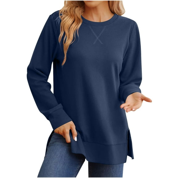 Lcziwo Knit Pullover Sweater Women Casual Side Split Plain Sweater Top Loose Fit Crewneck Tunic Blouse Early Fall Fashion Clothes 2025 Navy,L