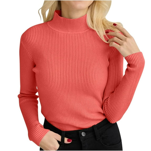 Lcziwo Knit Tops for Women Winter Fall Long Sleeve Slim Pullover Casual Mock Neck Shirt Plain Lightweight Sweaters 2025 Watermelon Red,Free Size