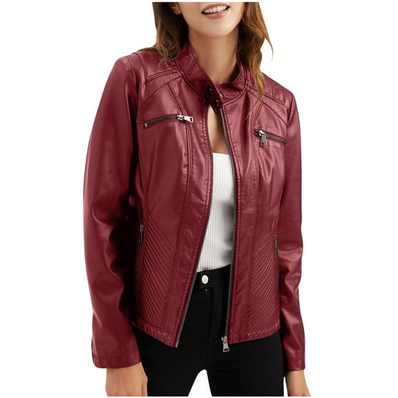 Lcziwo Leather Faux Fur Jacket Women Motorcycle Biker Casual Trendy 2025 Jackets Long Sleeve Plain Outerwear Zip Up Standing Collar Cardigan Coats Wine,XXL