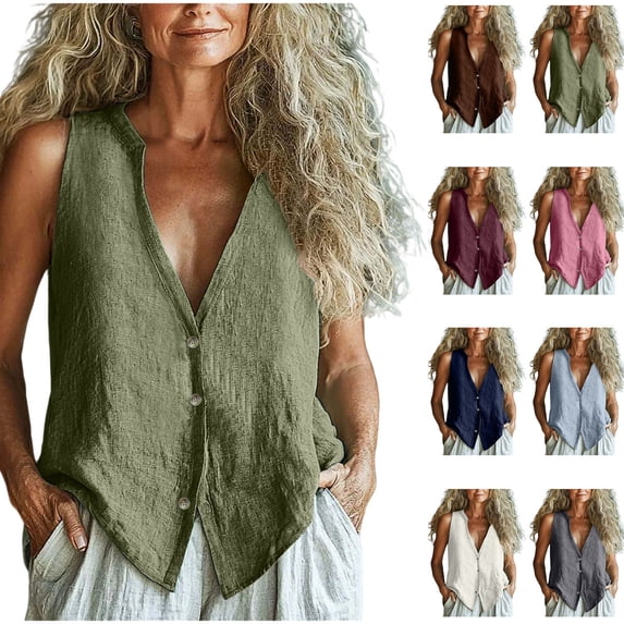 Lcziwo Linen Button Down Vest Women Sleeveless Deep V Neck Boho Tops Casual Summer Beach Jacket Waistcoat Wine,S