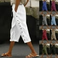 thumbnail image 1 of Lcziwo Linen Capri Pants for Women Side Button Elastic Waist Solid Capris Drawstring Pockets Casual Loose Summer Trousers White,XXL, 1 of 6
