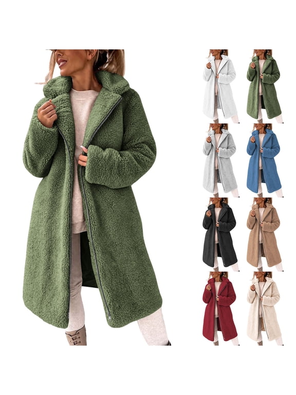 Long Teddy Coat for Women Long Sleeve Zip Up Lapel Collar Jackets Lining Fuzzy Fleece Winter Warm Outerwear Brown,L