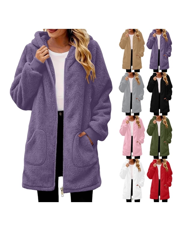 Long Teddy Coat for Women Zip Up Cuffed Long Sleeve Hooded Jackets Fleece Cozy Warm Winter Loose Outerwear with Pockets Black,XXL