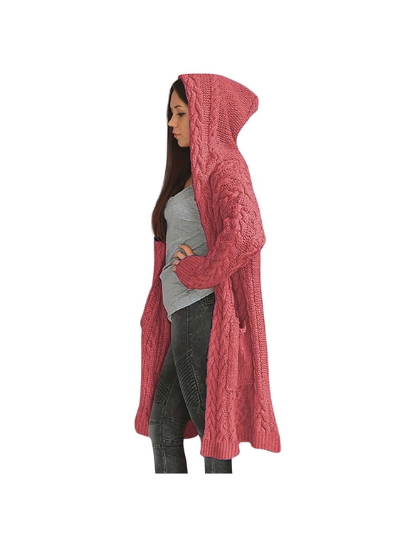 Long Winter Sweaters for Women Cable Knit Chunky Hooded Jackets Long Sleeve Button Down Coats Casual Plain Open Front Outerwear with Pockets 2025 Pink,M