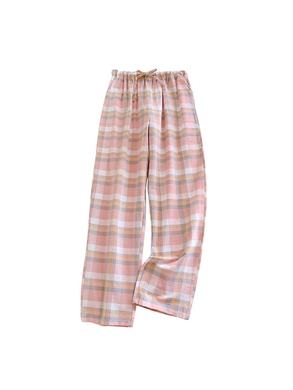 Loose Cotton Pajama Pants for Women Plaid Print Comfy Casual Trouser Elastic Waist Drawstring Pj Bottoms Orange,M