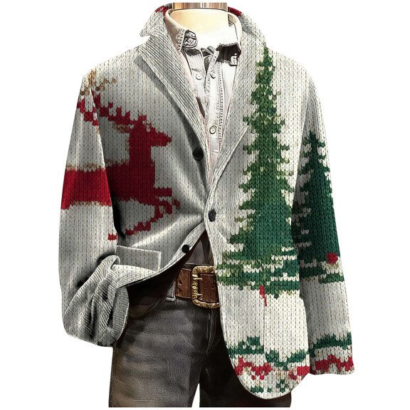 Lcziwo Men Christmas Suit Jacket Corduroy Holiday Party Printed Blazers 3 Button Casual Business Sport Coat Single Breasted Lapel Jackets Beige,M