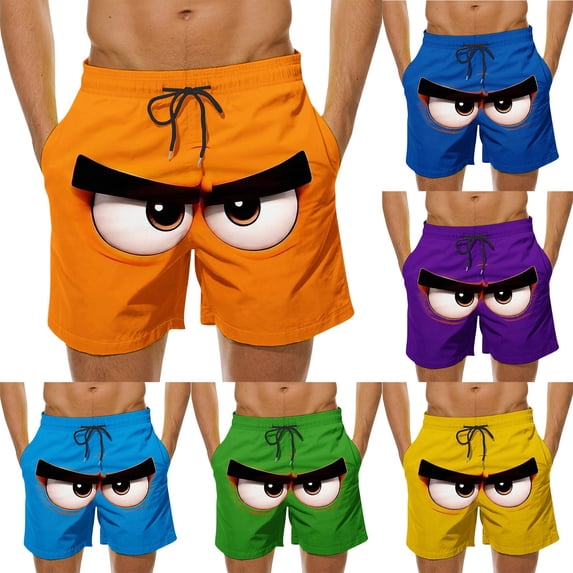 Lcziwo Men Cute Print Board Shorts Face Pattern Drawstring Swimwear Elastic Waist Beach Swim Trunks Summer 2026 Yellow,M