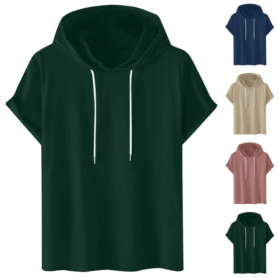 Lcziwo Men Short Sleeve Hoodies Drawstring Solid Casual Summer Pullover Tops Athletic Workout Lightweight Comfy Sweatshirts Khaki,XXL
