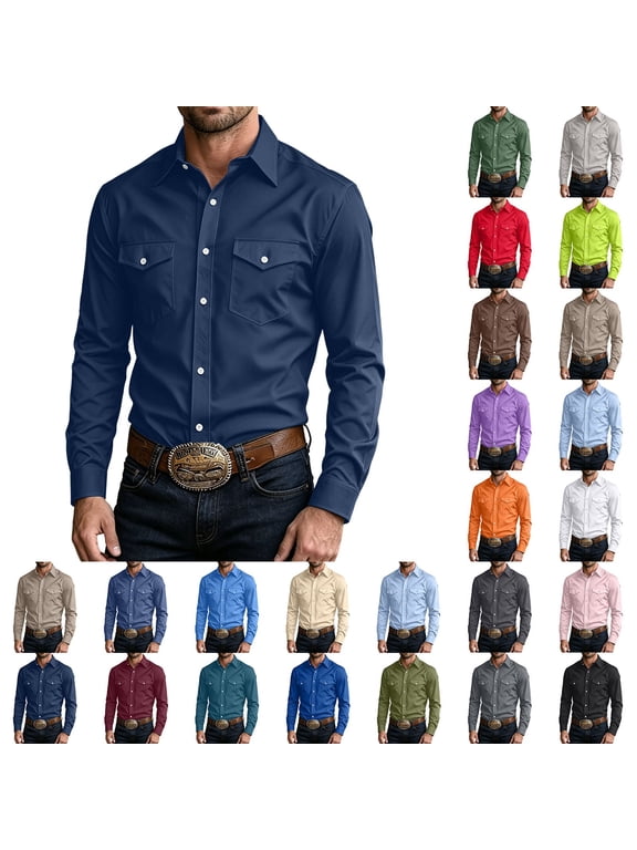 Men Western Long Sleeve Shirt Pearl Snap Button Down Point Collar Tops Business Casual Cowboy Travel Shirts with Pockets Army Green,XXL