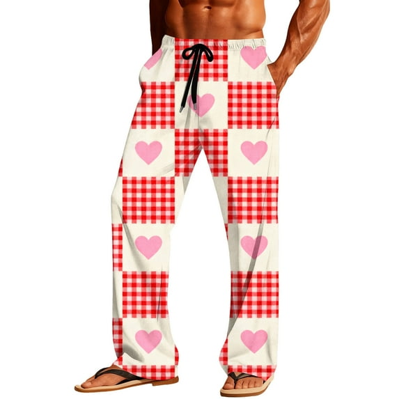 Lcziwo Men's Big and Tall Pajama Pants Plaid Valentines Heart Print Sleepwear Elastic Waist Drawstring Lounge Pants Pink,XXXL