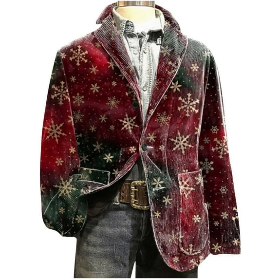 Lcziwo Men's Christmas Blazers Big and Tall Xmas Party Prom Printed Suit Jacket Corduroy 3 Buttons Casual Coats Single Breasted Lapel Coats Red,XXXXL