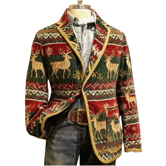 Lcziwo Men's Christmas Blazers Big and Tall Xmas Party Prom Printed Suit Jacket Corduroy 3 Buttons Casual Coats Single Breasted Lapel Coats Red,XXXXL