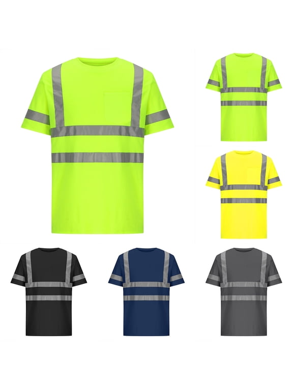 Men's Hi-Vis Safety T-Shirts Short Sleeve Quick Dry Mesh Tops Pockets Reflective Strips Construction Tees Dark Gray,M