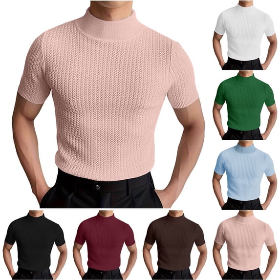 Lcziwo Men's Mock Turtleneck Shirts Short Sleeve Ribbed Knit Solid Tops Summer Vacation Casual Slim Tees Pink,L